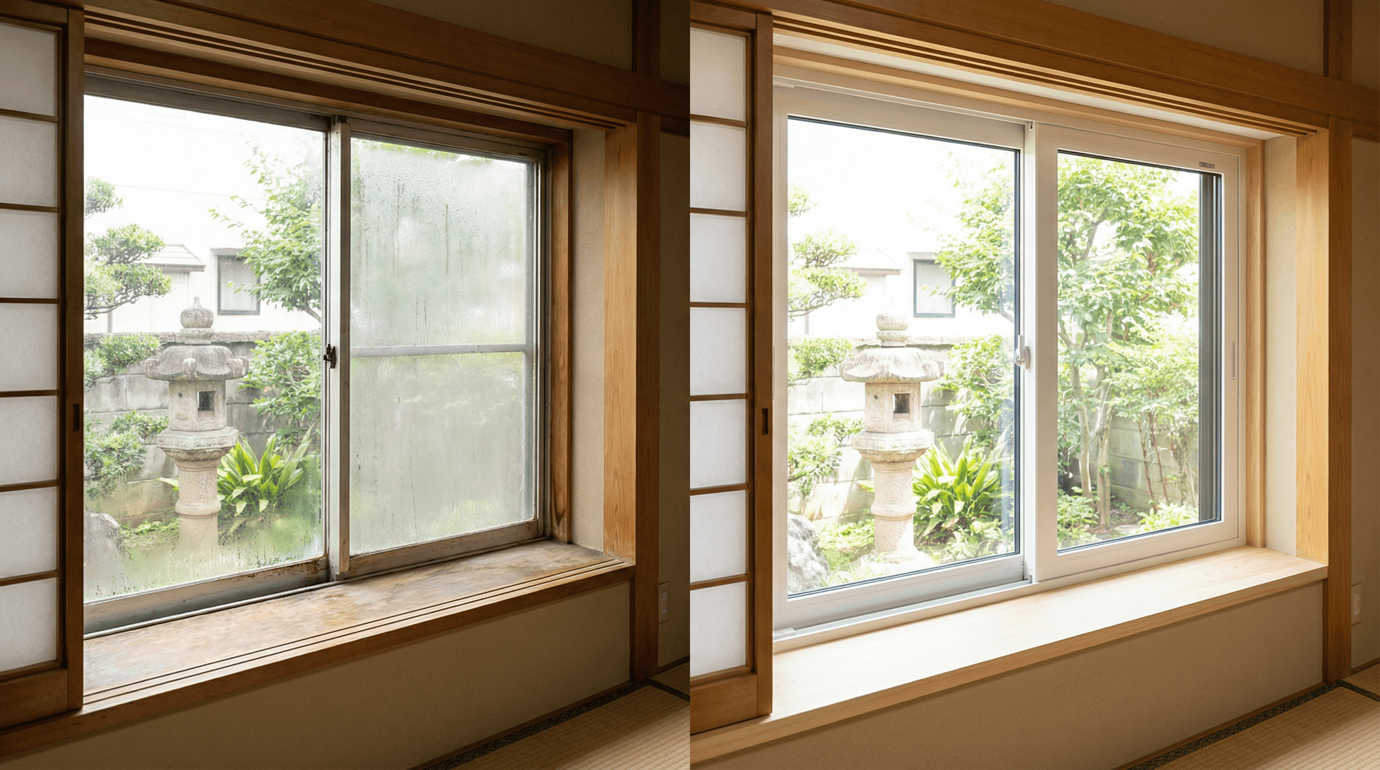 Before（古いアルミサッシの窓）とAfter（樹脂サッシに交換された窓）の比較写真